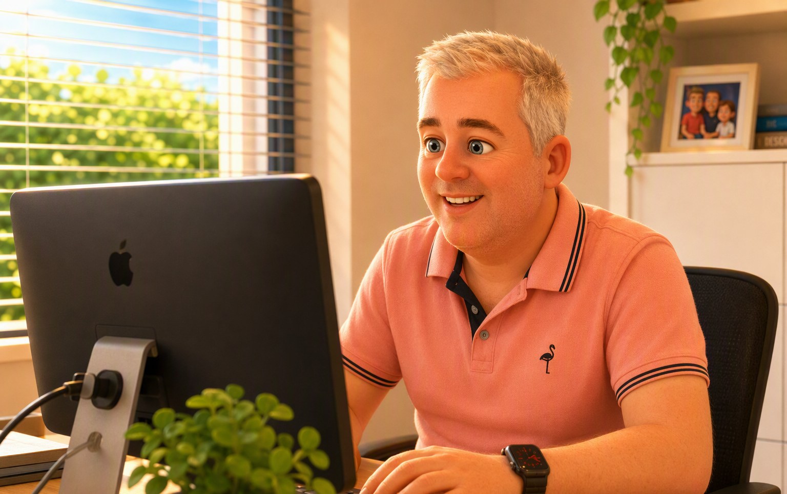 Illustratie van Dennis achter zijn bureau