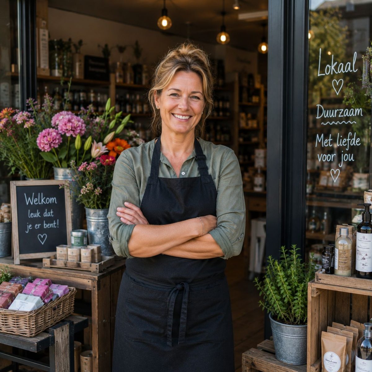 Een lokale winkelier voor haar winkel in Barendrecht