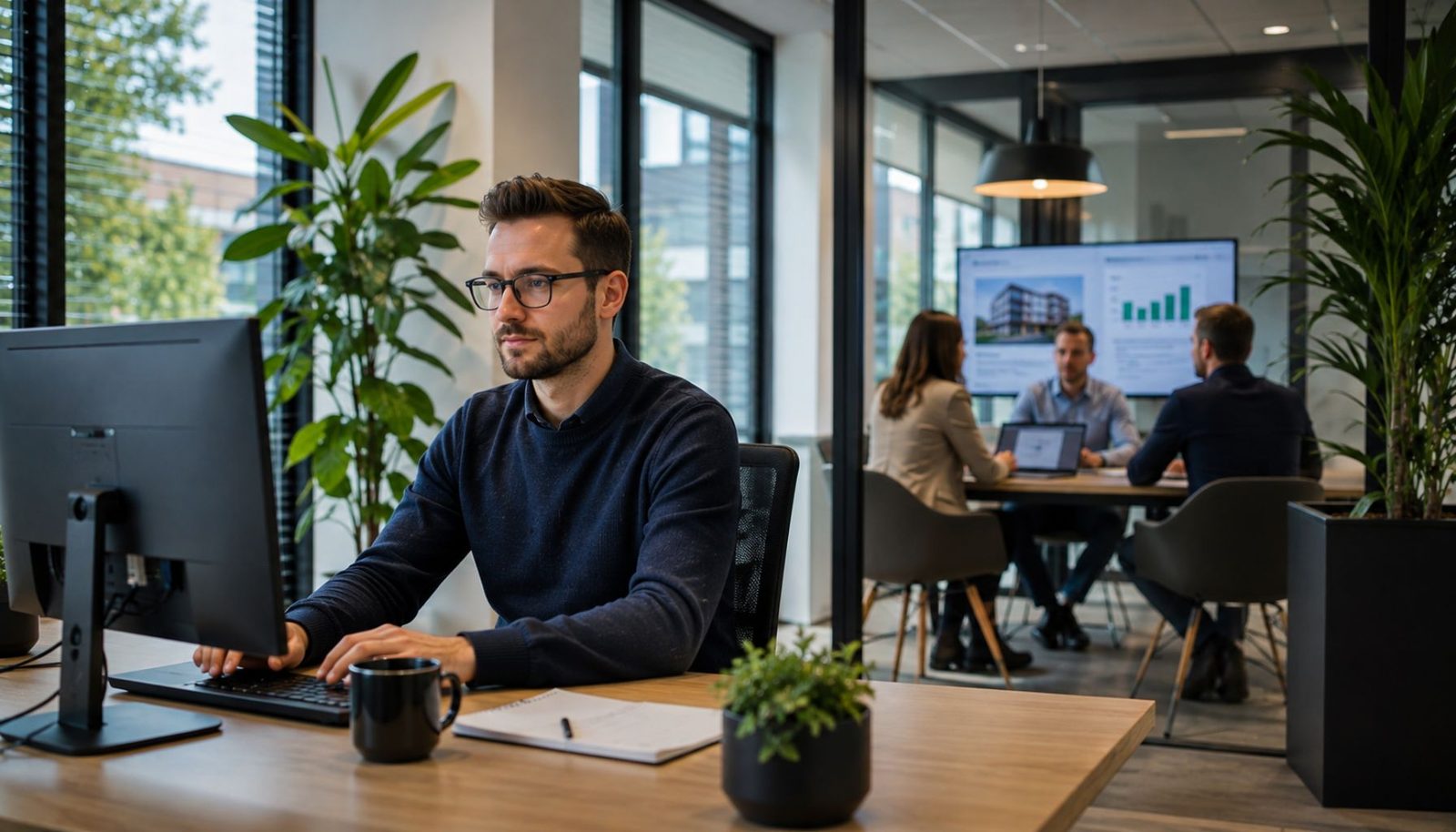 Een ondernemer aan zijn bureau, met op de achtergrond een overleg