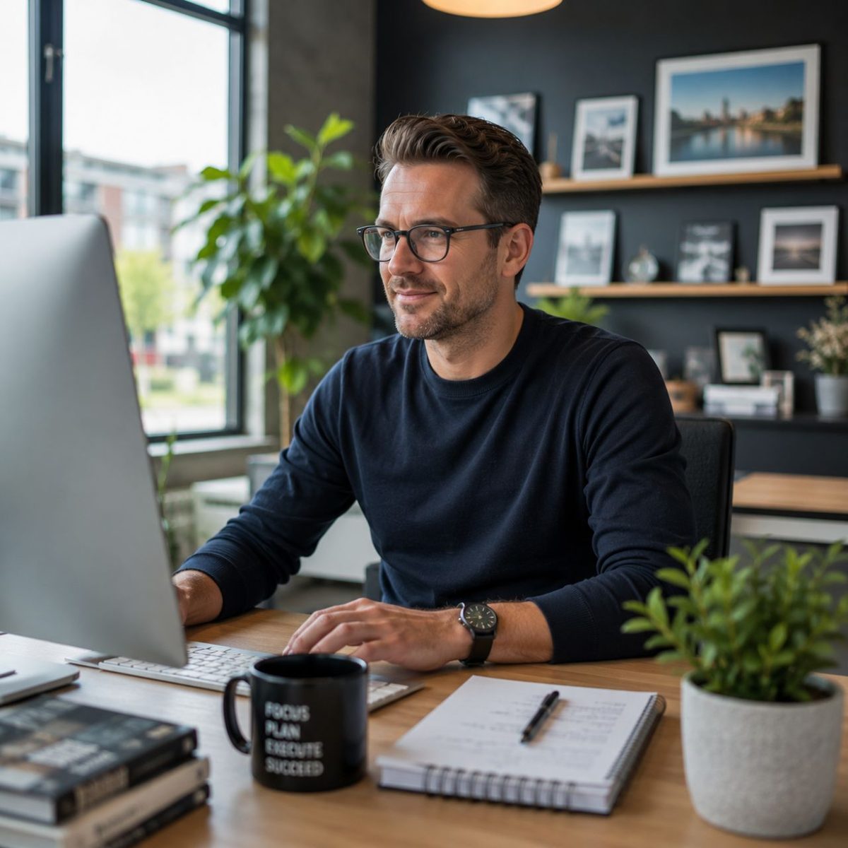Een ondernemer aan het werk achter zijn scherm
